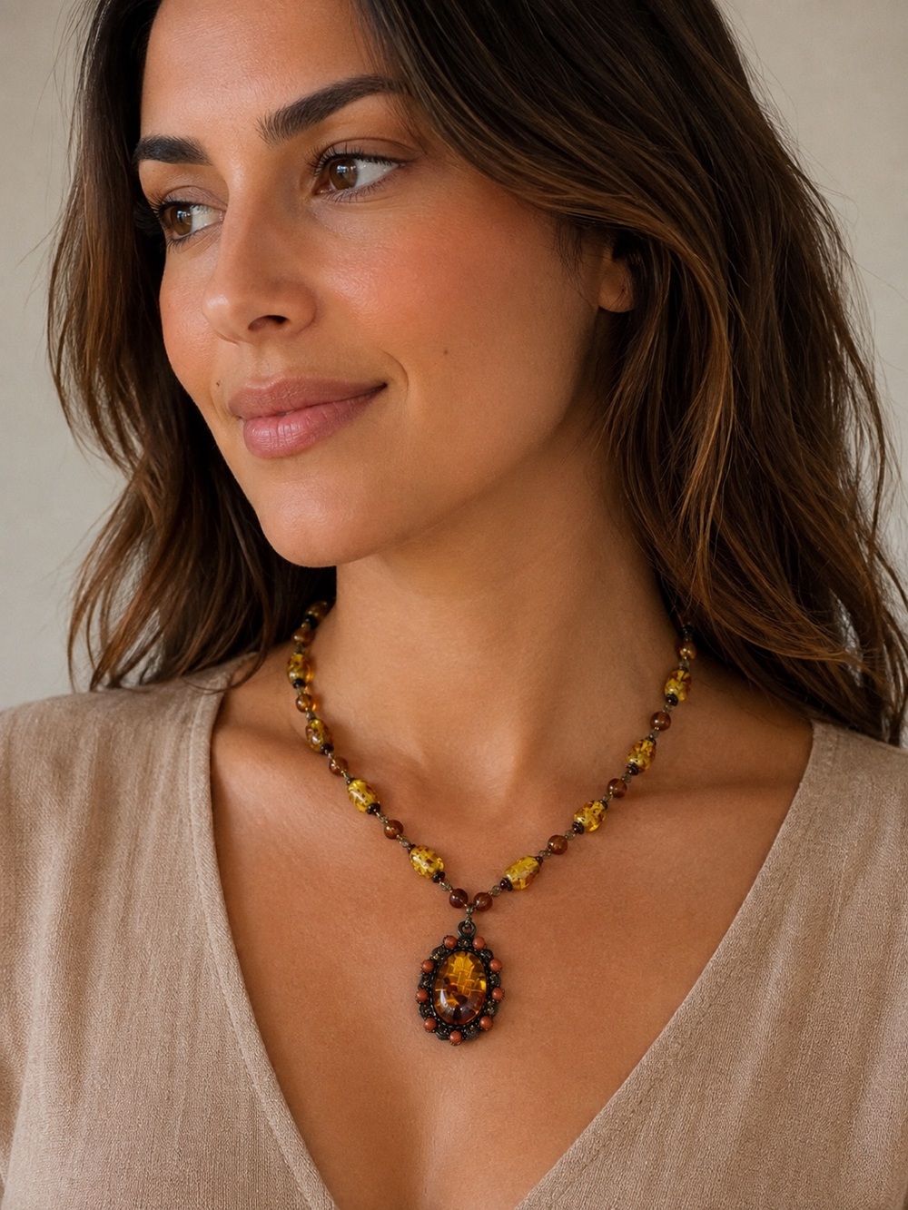 Vintage Amber  Resin Beads Necklace